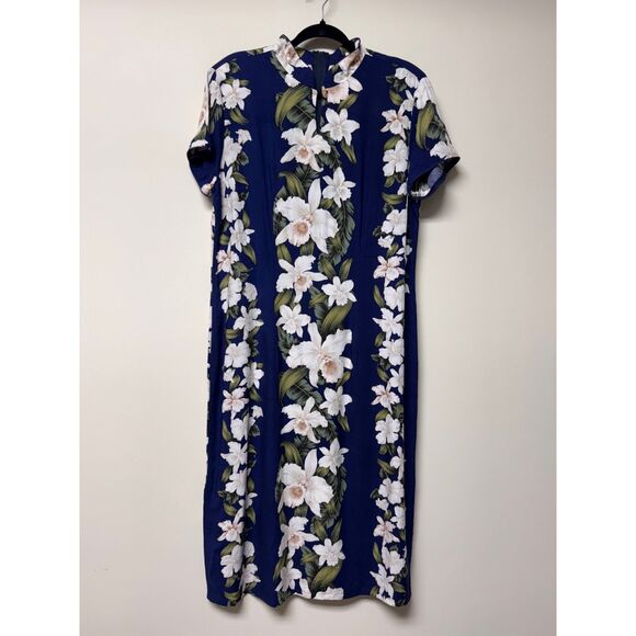 HAWAIIAN RESERVE COLLECTION Orchid Print Navy/White/Green Midi Dress, Sz XL - Picture 1 of 9